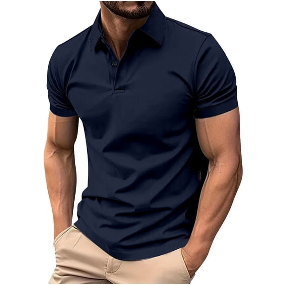 SeCaotees Short Sleeve Polo Shirts for Men Turn‑Down Collar Button Placket Slim Fit Soft Knit Fabric Business Daily Golf Tops Navy,M