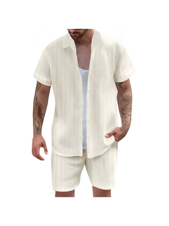 Short Sleeve Shirt Sets for Men Turn‑Down Collar Button Down Top And Shorts Outfit Loose Fit Woven Fabric Casual Daily Wear Two Piece Outfits Beige,XXL