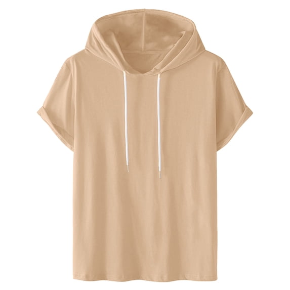 SeCaotees Short Sleeve Solid Hooded T‑Shirts for Men Drawstring Hood Loose Fit Soft Knit Fabric Leisure Daily Pullover Tees Khaki,M