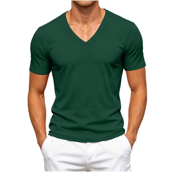 SeCaotees Short Sleeve Solid V‑Neck T‑Shirts for Men Regular Fit Stretchy Lightweight Knit Fabric Versatile Everyday Casual Pullover Tops Blue,XXL