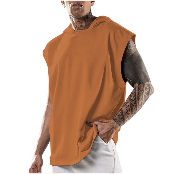 SeCaotees Sleeveless Hooded Tank Tops for Men Loose Fit Soft Breathable Fabric Pullover Design Streetwear Daily Workout Shirts Orange,XXXL