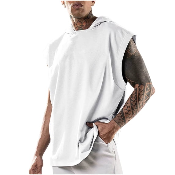 SeCaotees Sleeveless Hooded Tank Tops for Men Loose Fit Soft Breathable Fabric Pullover Design Streetwear Daily Workout Shirts White,XL