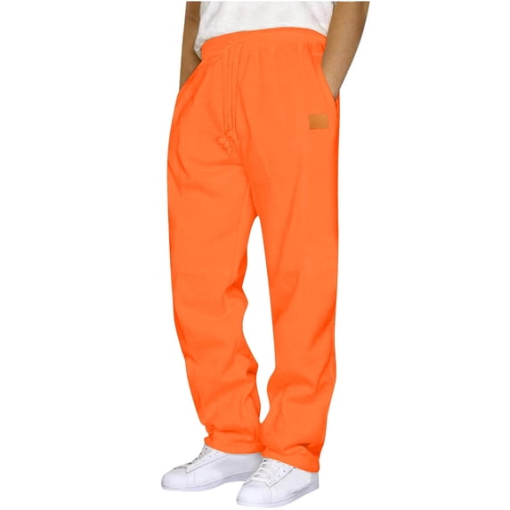 SeCaotees Solid Baggy Casual Pants for Men Pull‑On Waist Design Loose Straight Silhouette Soft Breathable Fabric Side Pockets Daily Commuting Trousers Orange,S
