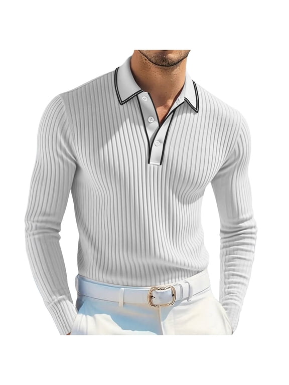Stripe Pattern Polo Shirts for Men Long Sleeve Turn Down Collar Button Placket Knit Fabric Business Casual Daily Tops White,S