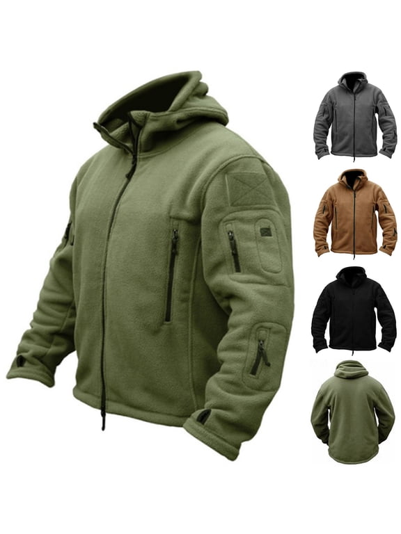Tactical Full Zip Hooded Jackets for Men Long Sleeve Multi Pocket Loose Fit Lightweight Outdoor Workwear Outerwear Army Green,L