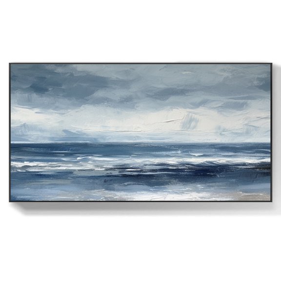 Sea Abstract Oil Painting Large Original Blue Ocean Abstract Painting On Canvas Original Grey Sky Landscape Painting Living Room Wall Art,Unstretched,Frameless,(102*204cm)40*80Inches