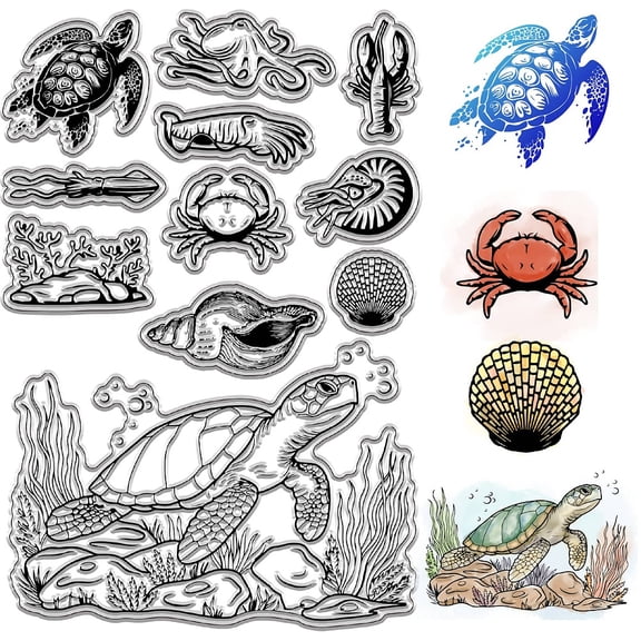 Sea Animal Clear Stamps Ocean Marine Organism Turtle Crab Shrimp Scallop Reusable Retro Postmark Transparent Silicone Rubber Stamp DIY