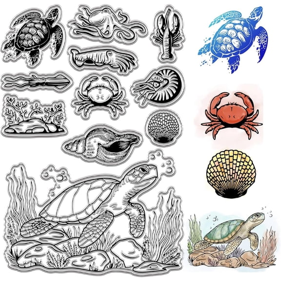 Sea Animal Clear Stamps Ocean Marine Organism Turtle Crab Shrimp Scallop Reusable Retro Postmark Transparent Silicone Rubber Stamp for Journaling Card Making DIY Scrapbooking Supplies for DIY
