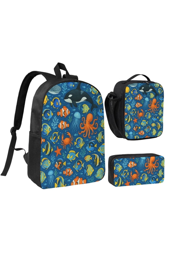 Sea Animal Colorful Marine Life Whale Backpack Set 3pc ，Backpack with Lunch Bag and Bag 17 Inch