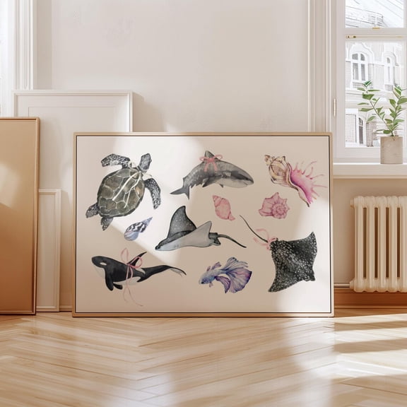Sea Animal Coquette Poster Coastal Aesthetic Summer Dolphin Bow Poster Whale Seal Shell Orca Fish Poster Wall Art Trendy Beach Poster, Size 8x12 UNFFRAMED F03.1.7l2965