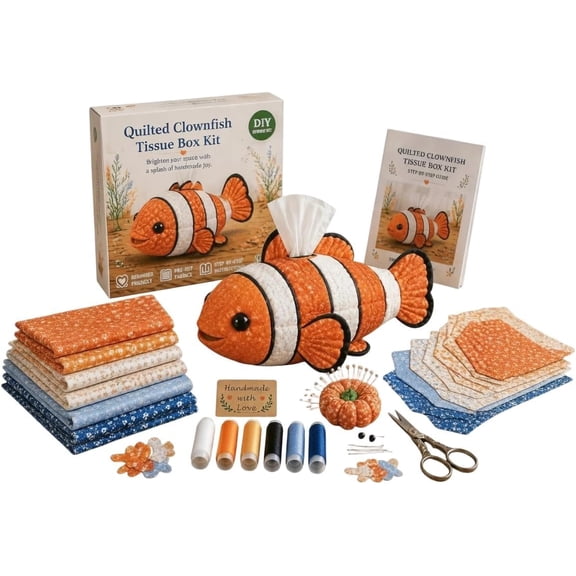 Sea Animal DIY Tissue Box Kit - Cute Quilted Animal Tissue Holder for Bathroom, Patchwork Design Handmade Art Craft Sewing Kit for Adults, Tissue Box Holder for Bedroom, Office, Home Decor (Clownfish