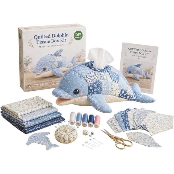 Sea Animal DIY Tissue Box Kit - Cute Quilted Animal Tissue Holder for Bathroom, Patchwork Design Handmade Art Craft Sewing Kit for Adults, Tissue Box Holder for Bedroom, Office, Home Decor (Dolphin)
