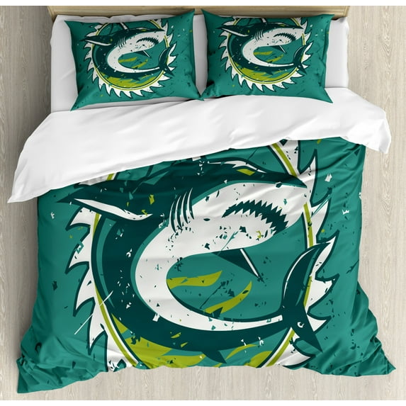 Sea Animal Decor King Size Duvet Cover Set, Graphic of Shark Hunter in Dark Murky Colors Sharp Teeth Fish Marine Nautical, Decorative 3 Piece Bedding Set with 2 Pillow Shams, Green, by Ambesonne