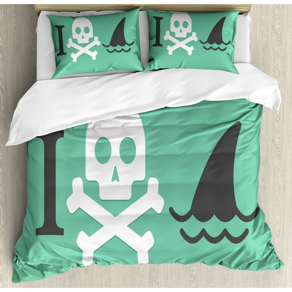 Sea Animal Decor King Size Duvet Cover Set, Love Themed Creepy Dead Skull Head with Cross Bones and Fun Danger Icon, Decorative 3 Piece Bedding Set with 2 Pillow Shams, Green White, by Ambesonne