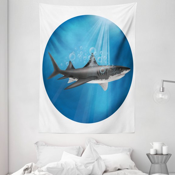 Sea Animal Decor Tapestry, Shark in Sea with Sun Rays in Circle Aquatic Underwater Creature Home Decor, Wall Hanging for Bedroom Living Room Dorm Decor, 60W X 80L Inches, Blue Grey, by Ambesonne