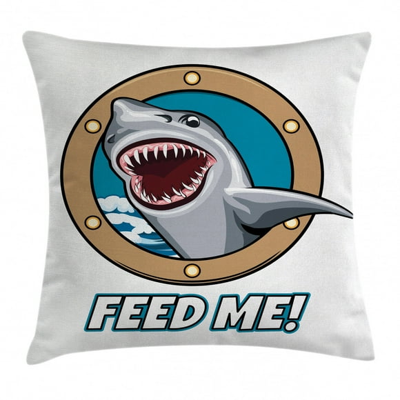 Sea Animal Decor Throw Pillow Cushion Cover, Funny Vintage Quote with Hungry Hound Shark Head in Ship Window Humor Print, Decorative Square Accent Pillow Case, 16 X 16 Inches, Multi, by Ambesonne