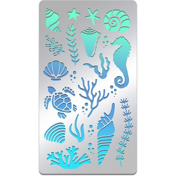 Sea Animal Stencils 7x4 Inch Ocean Creatures Painting Template Turtle Coral Conch Stainless Steel Drawing Stencils for Craft Journal Scrapbooking Silver