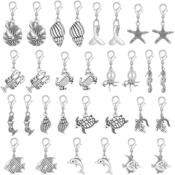 Sea Animal Theme Tibetan Style Alloy Pendant Decoration with Lobster Claw Clasps Antique Silver & Platinum 30~38mm 15 style 2pcs/style 30pcs/set
