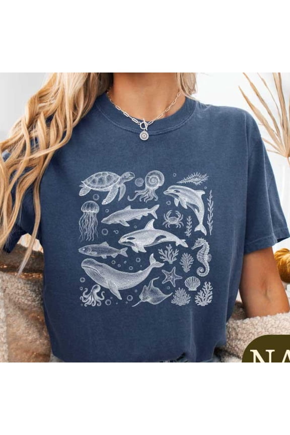 Sea Animals 90'S Vintage Style Shirt, Retro Ocean Graphic Tee, Y2K Sea Life T-Shirt, Whale Dolphin Orca Turtle, Ocean Shirt NAVY Unisex S-5XL Hot Trending Shirt, Vintage Birthday Gift
