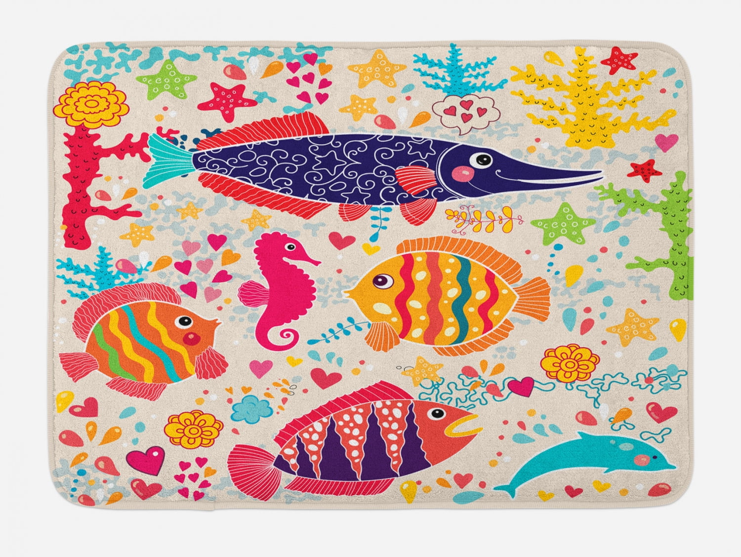 Multicolor Sea Animals Plush Bath Mat with Anti-Slip Backing