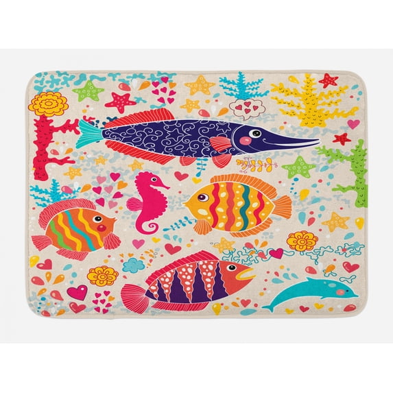 Sea Animals Bath Mat, Cartoon Art with Fish Seahorse Starfish Dolphin Coral Underwater Life Kids, Non-Slip Plush Mat Bathroom Kitchen Laundry Room Decor, 29.5 X 17.5 Inches, Multicolor, Ambesonne