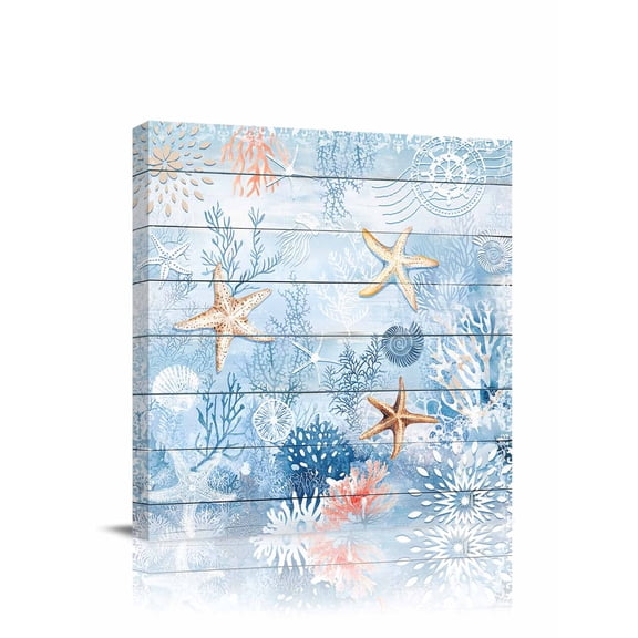 Sea Animals Canvas Wall Art, Summer Ocean Beach Starfish Coral Wood Board Framed Wall Decor Modern Artwork Prints Painting for Living Room, Bedroom, Kitchen & Cafe Decor 24x24 Inch