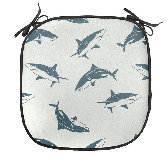 Sea Animals Chair Seating Cushion, Repeated Cartoon Sharks Swimming to Different Directions Pattern, Soft Seat Pads for Office with Anti-slip Backing, 16"x16", Slate Blue and Eggshell, by Ambesonne