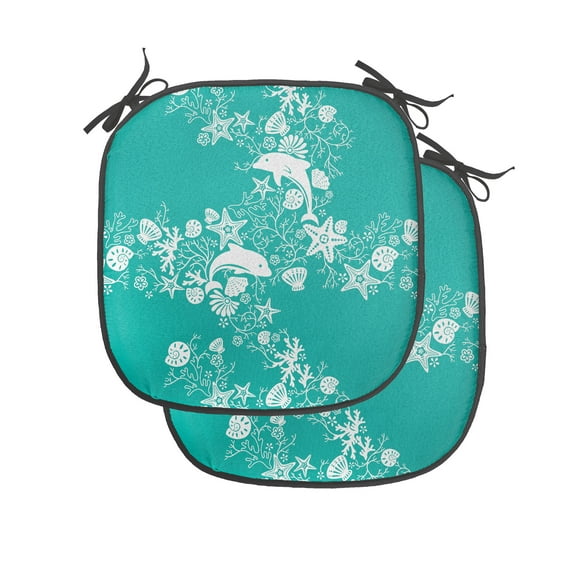 Sea Animals Chair Seating Cushion Set of 4, Dolphins Flowers Sea Floral Pattern Starfish Coral Seashell Composition, Seat Pads for Office with Anti-slip Backing, 16"x16", Sea Green White, by Ambesonne