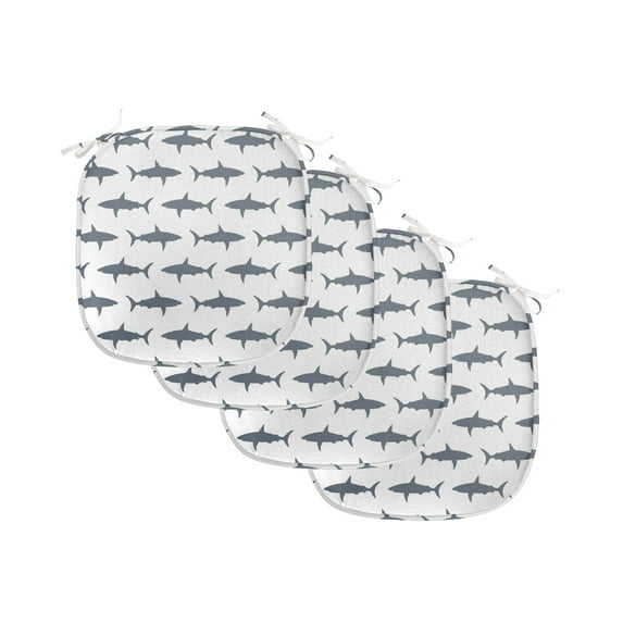 Sea Animals Chair Seating Cushion Set of 4, Sharks Swimming Horizontal Silhouettes Powerful Dangerous Wild Life, Seat Pads for Office with Anti-slip Backing, 16"x16", Charcoal Grey White, by Ambesonne