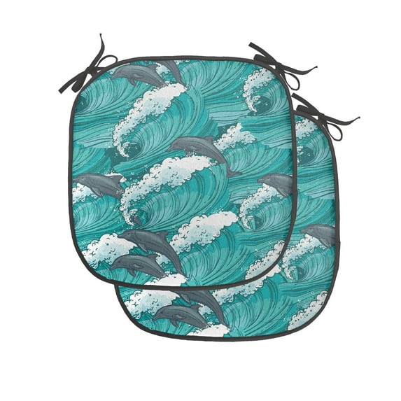 Sea Animals Chair Seating Cushion Set of 4, Wavy Ocean with Dolphins Windy Surfing Doodle Style Art Print, Seat Pads for Office with Anti-slip Backing, 16"x16", Charcoal Grey Teal White, by Ambesonne