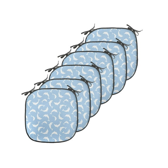 Sea Animals Chair Seating Cushion Set of 6, Pattern with Dolphins Silhouettes Simple Fun Art Blue White Ocean Fauna, Seat Pads for Office with Anti-slip Backing, 16"x16", Pale Blue White, by Ambesonne