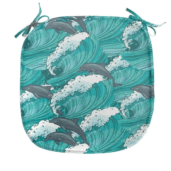 Sea Animals Chair Seating Cushion, Wavy Ocean with Dolphins Windy Surfing Doodle Style Art Print, Soft Seat Pads for Office with Anti-slip Backing, 16"x16", Charcoal Grey Teal White, by Ambesonne