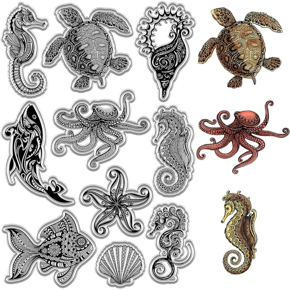 Sea Animals Clear Rubber Stamps Turtle Whale Seahorse Retro Vintage Reusable Transparent Silicone Stamp Seals for Journaling Card Making Scrapbooking Photo