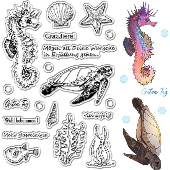 Sea Animals Clear Stamps Summer German Blessing Words Seahorse Marine Turtle Shell Starfish Seaweed Reusable Postmark Rubber Stamp Decorative Sea for Journaling Card Making Album Photo Decor for DIY