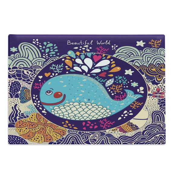 Sea Animals Cutting Board, Cartoon Illustration with Smiling Whale in Bubble Water Waves Starfish Coral, Decorative Tempered Glass Cutting and Serving Board, Large Size, Purple Aqua, by Ambesonne