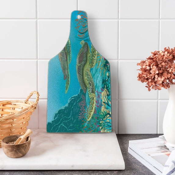 Sea Animals Cutting Board, Illustration of 2 Sea Turtles Swimming Underwater Aquatic Wildlife Colorful, Tempered Glass Cutting and Serving Board, Wine Bottle Shape, Multicolor, by Ambesonne