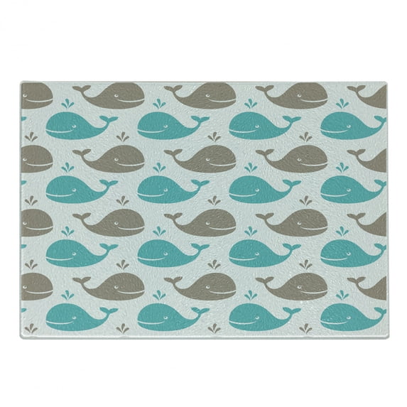 Sea Animals Cutting Board, Pattern Smiling Whale Cartoon Repeated Design Illustration, Decorative Tempered Glass Cutting and Serving Board, Small Size, Tan Turquoise White, by Ambesonne