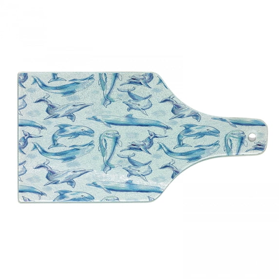 Sea Animals Cutting Board, Sketch of Bottlenose Dolphins Playing Laughing in the Ocean Sea Life Print, Tempered Glass Cutting and Serving Board, Wine Bottle Shape, Turquoise White, by Ambesonne