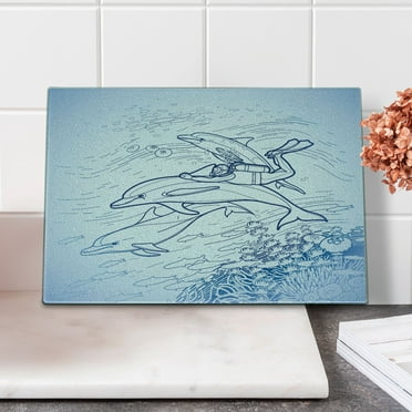 Sea Animals Cutting Board, Sketch of Scuba Diver Holding Fin of Dolphin over Coral Reefs Fish Underwater, Decorative Tempered Glass Cutting and Serving Board, Small Size, Multicolor, by Ambesonne