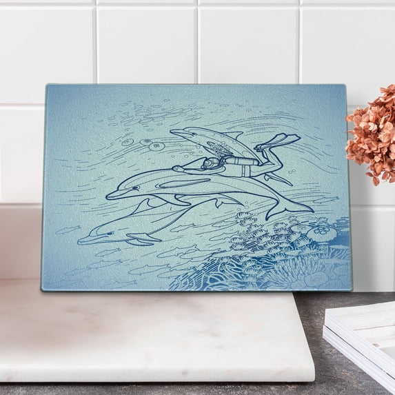 Sea Animals Cutting Board, Sketch of Scuba Diver Holding Fin of Dolphin over Coral Reefs Fish Underwater, Decorative Tempered Glass Cutting and Serving Board, Small Size, Multicolor, by Ambesonne