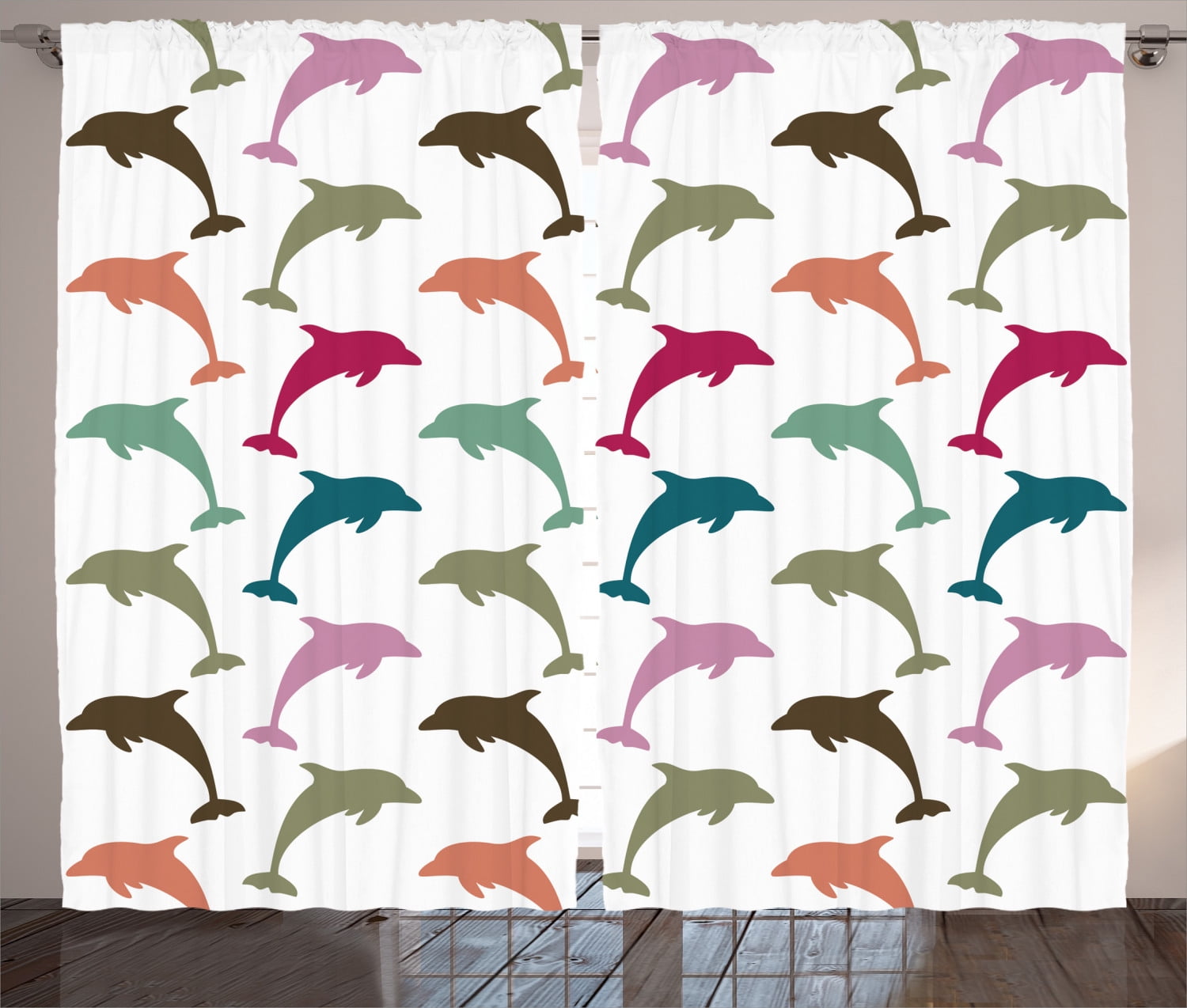 Sea Animals Decor Curtains 2 Panels Set, Colorful Dolphin Figures on ...