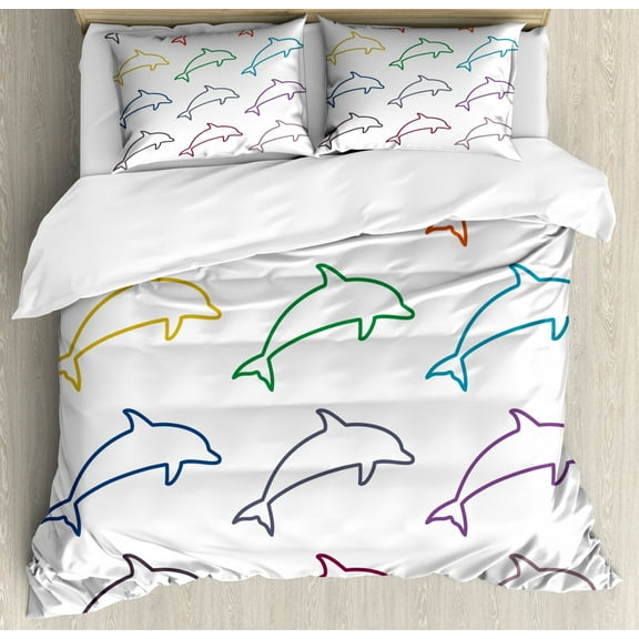 Sea Animals Decor King Size Duvet Cover Set, Dolphin Silhouettes Intelligent and Playful Fish Grace Marine Ocean Pattern, Decorative 3 Piece Bedding Set with 2 Pillow Shams, Multi, by Ambesonne