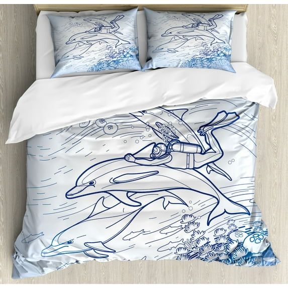 Sea Animals Decor King Size Duvet Cover Set, Sketch of Scuba Diver Holding Fin of Dolphin over Coral Reefs Fish Underwater, Decorative 3 Piece Bedding Set with 2 Pillow Shams, Multi, by Ambesonne