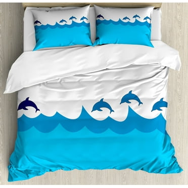 Sea Animals Decor Queen Size Duvet Cover Set, Lead and Three Dolphins Shadow on Waves Oceanlife Marine Theme Image, Decorative 3 Piece Bedding Set with 2 Pillow Shams, Blue Turqouise, by Ambesonne