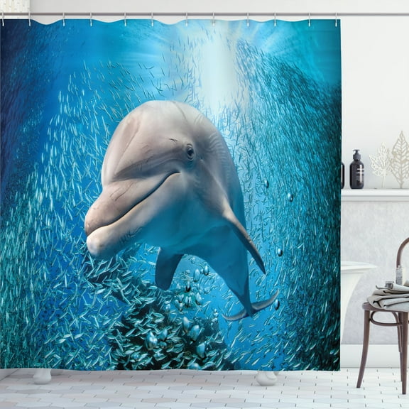 Ambesonne Fish Shower Curtain, Dolphin in Ocean Marine, 69"Wx84"L, Blue Grey