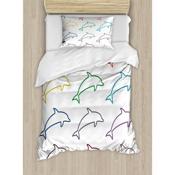 Sea Animals Decor Twin Size Duvet Cover Set, Dolphin Silhouettes Intelligent and Playful Fish Grace Marine Ocean Pattern, Decorative 2 Piece Bedding Set with 1 Pillow Sham, Multi, by Ambesonne