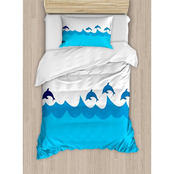 Sea Animals Decor Twin Size Duvet Cover Set, Lead and Three Dolphins Shadow on Waves Oceanlife Marine Theme Image, Decorative 2 Piece Bedding Set with 1 Pillow Sham, Blue Turqouise, by Ambesonne