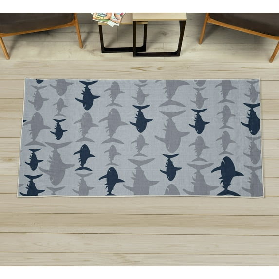 Sea Animals Decorative Rug, Monochrome Shark Illustration Fashion Maritime Illustration Aquatics, Quality Carpet for Bedroom Dorm and Living Room, 6 Sizes, Dark Teal, by Ambesonne