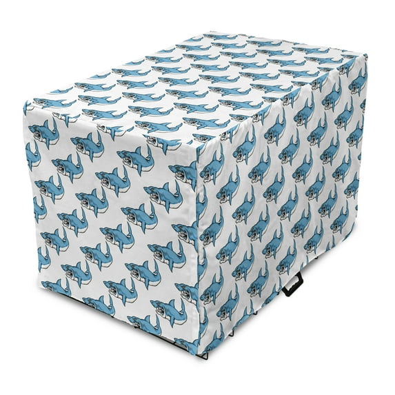 Sea Animals Dog Crate Cover, Fierce Predator Wild Shark Swimming Sharp Teeth Bite Nautical Theme Pattern, Easy to Use Pet Kennel Cover Small Dogs Puppies Kittens, 7 Sizes, Blue White, by Ambesonne
