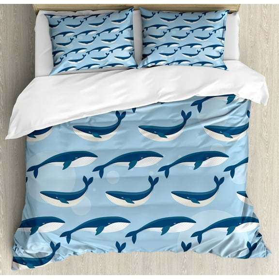 Sea Animals Duvet Cover Set, Cartoon Abstract Whale Pattern Nautical Natural Large Fish Underwater Print, Decorative 3 Piece Bedding Set with 2 Pillow Shams, Calking Size, Blue White, by Ambesonne